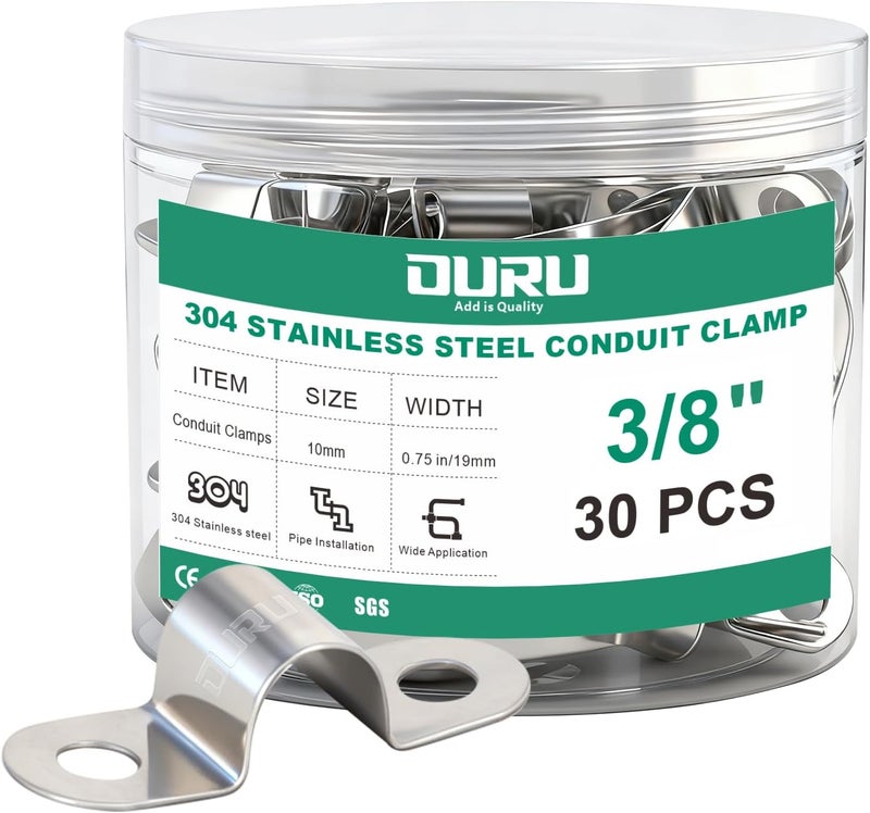 ORU 30pcs 3/8 Inch Conduit Clamp 304 Stainless Steel, Rigid Metal Pipe Clamp U Bracket, 2 Holes Pipe Strap for Automotive, Wire & Tube - Image 1
